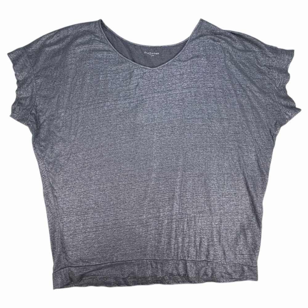 Eileen Fisher Women's 100% Linen Metallic Short Sleeve V-Neck Top In Size Large